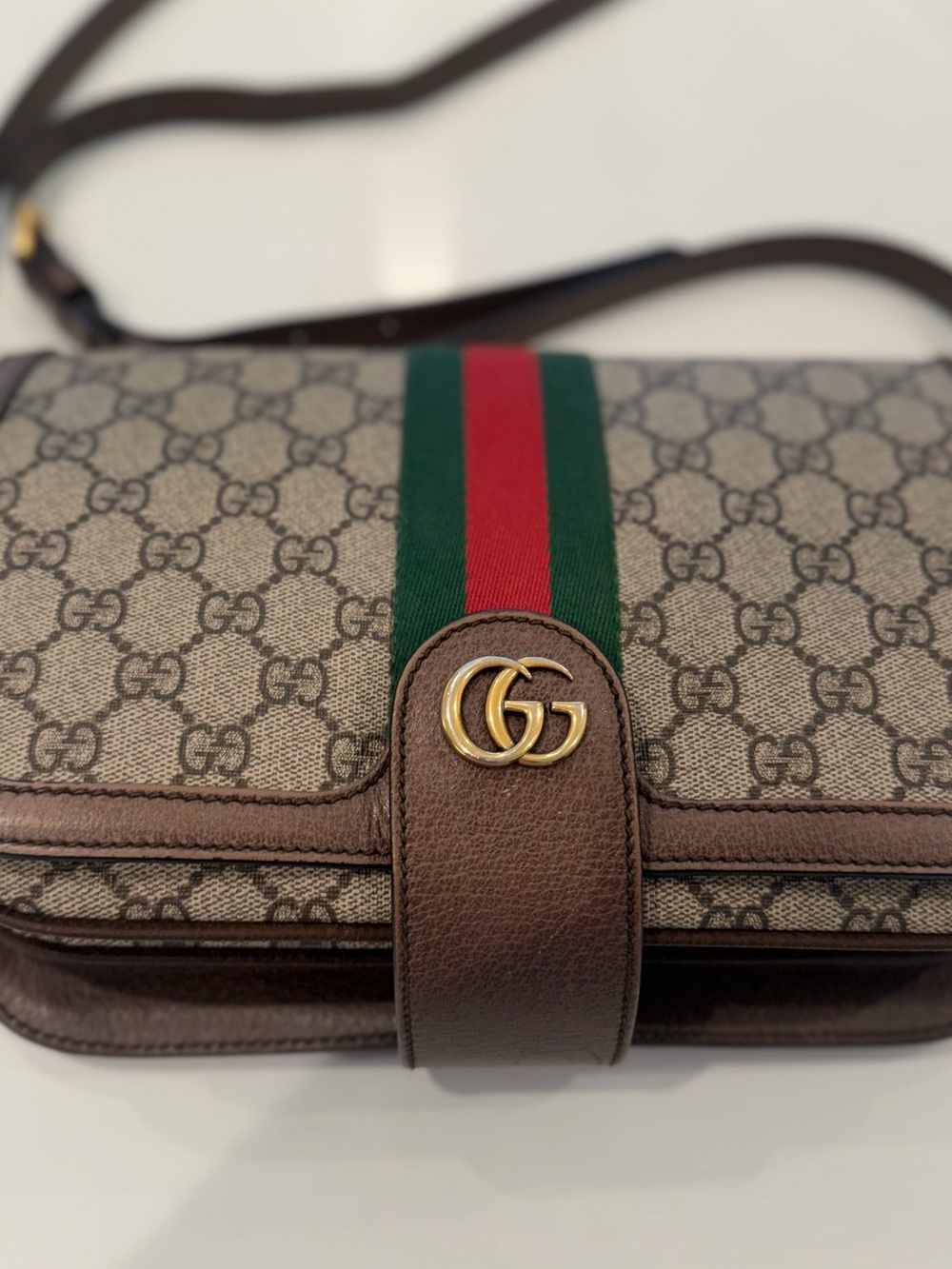 Gucci Brown GG Supreme Canvas Crossbody with Green-Red Web